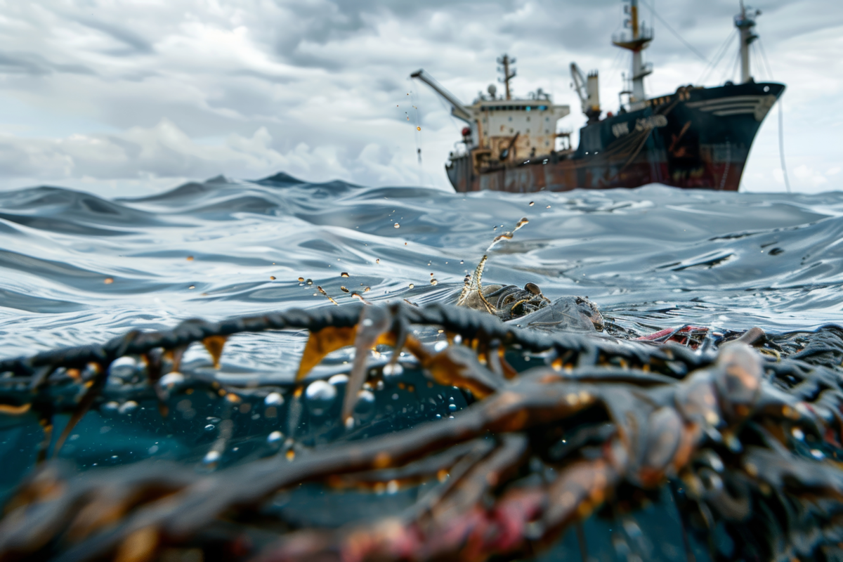 A fishing vessel navigating through polluted waters, highlighting the impact of maritime crimes such as illegal dumping and marine pollution.