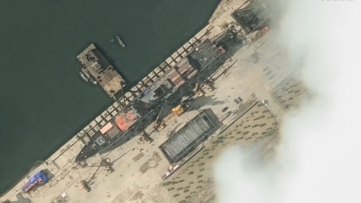Satellite image captured by Maxar Technologies on May 18, 2025, shows North Korea’s newly constructed destroyer at Chongjin Shipyard, days before it sustained significant damage during a failed launch ceremony.
