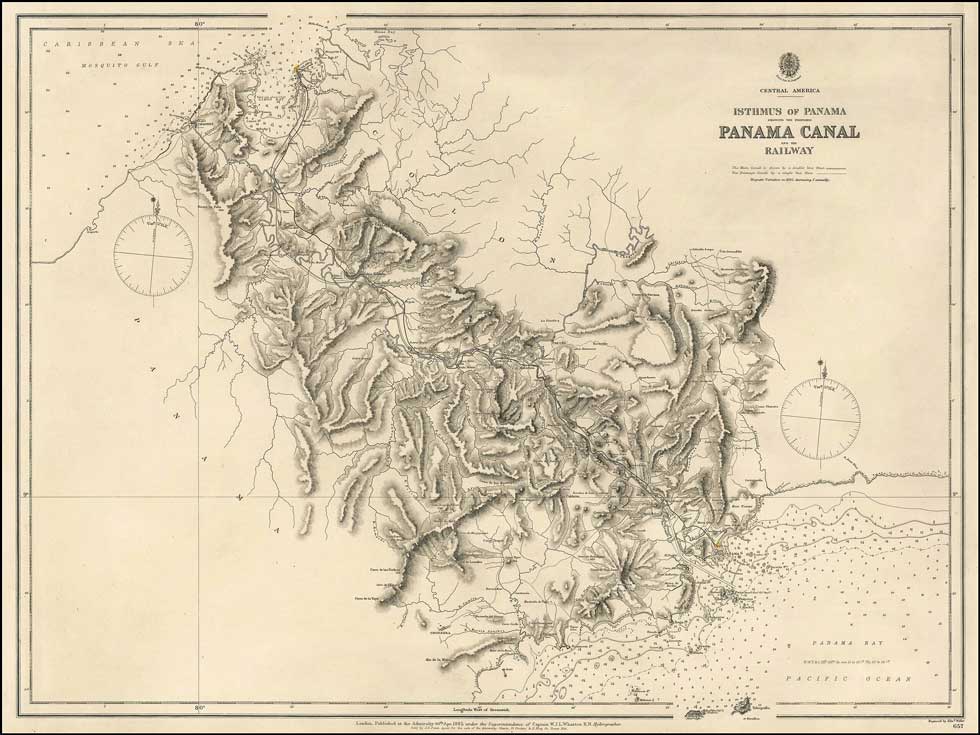 An 1885 map showing the Railway and the proposed Panama Canal route