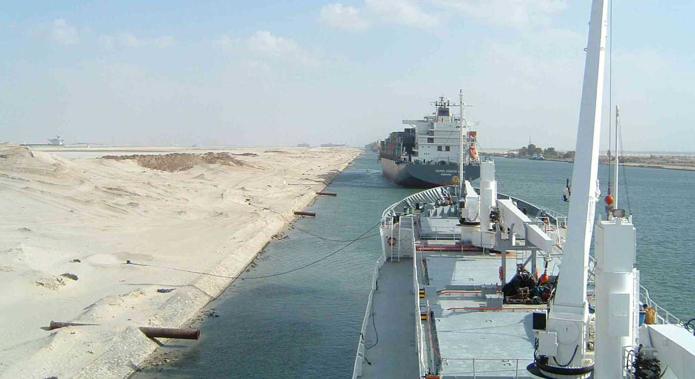 Two ships moored at El Ballah during a Suez Canal transit