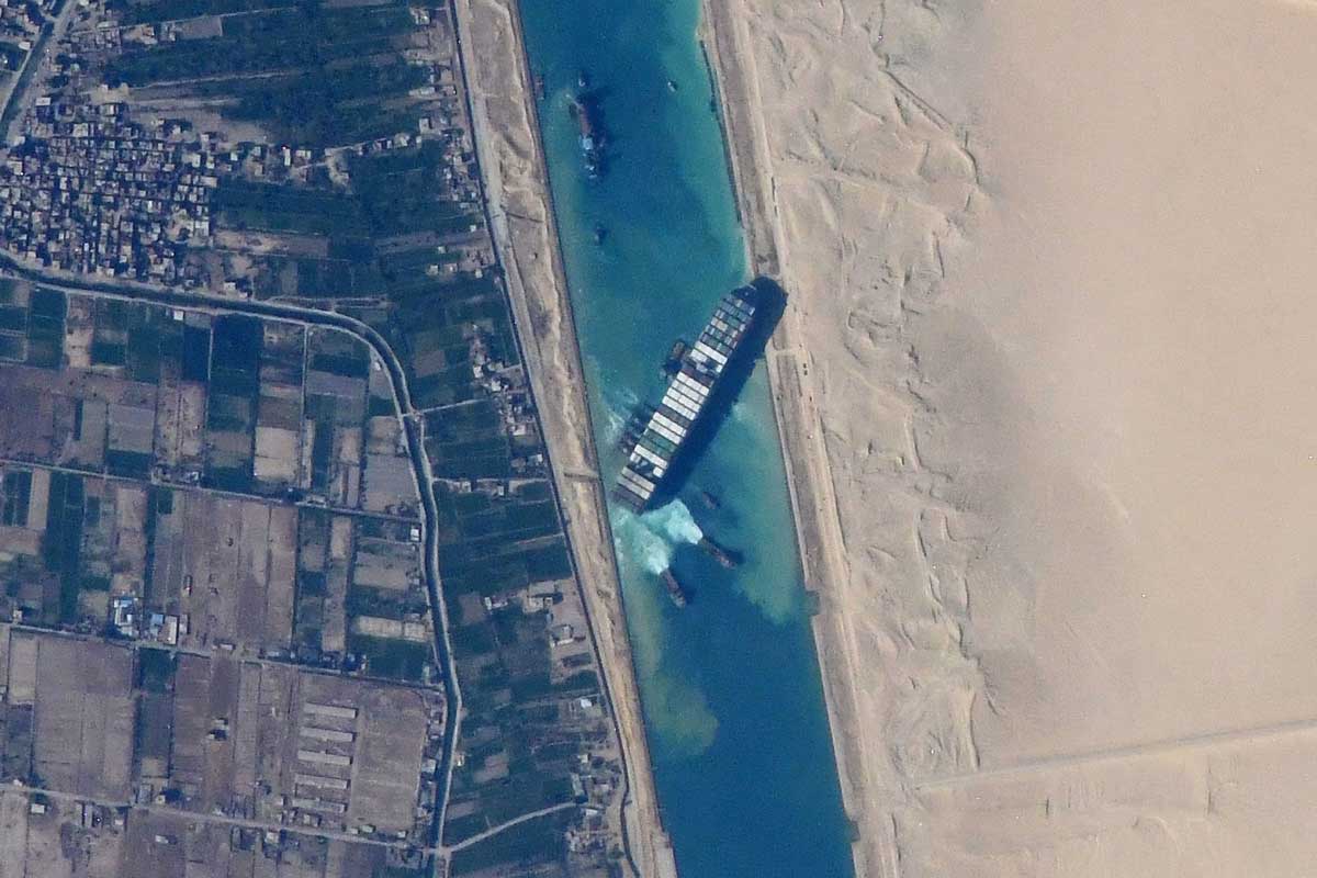 The container ship Ever Given stuck in the Suez Canal in 2021 Credit: NASA
