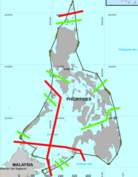 The map of archipelagic sea lanes within Philippine waters. img src: https://amti.csis.org/the-influence-of-the-philippine-archipelagic-sea-lanes-act-on-navigation-rights/